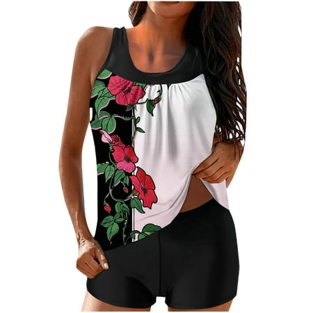 MSJUHEG Tankini with Skirt Plus Size Swimsuit for Women Bathing Suit Tops for Women Floral Breast Top Two Piece Bikini Set Bathing Suit Tops for Women Bathing Suit Tops for Women White 2 XL