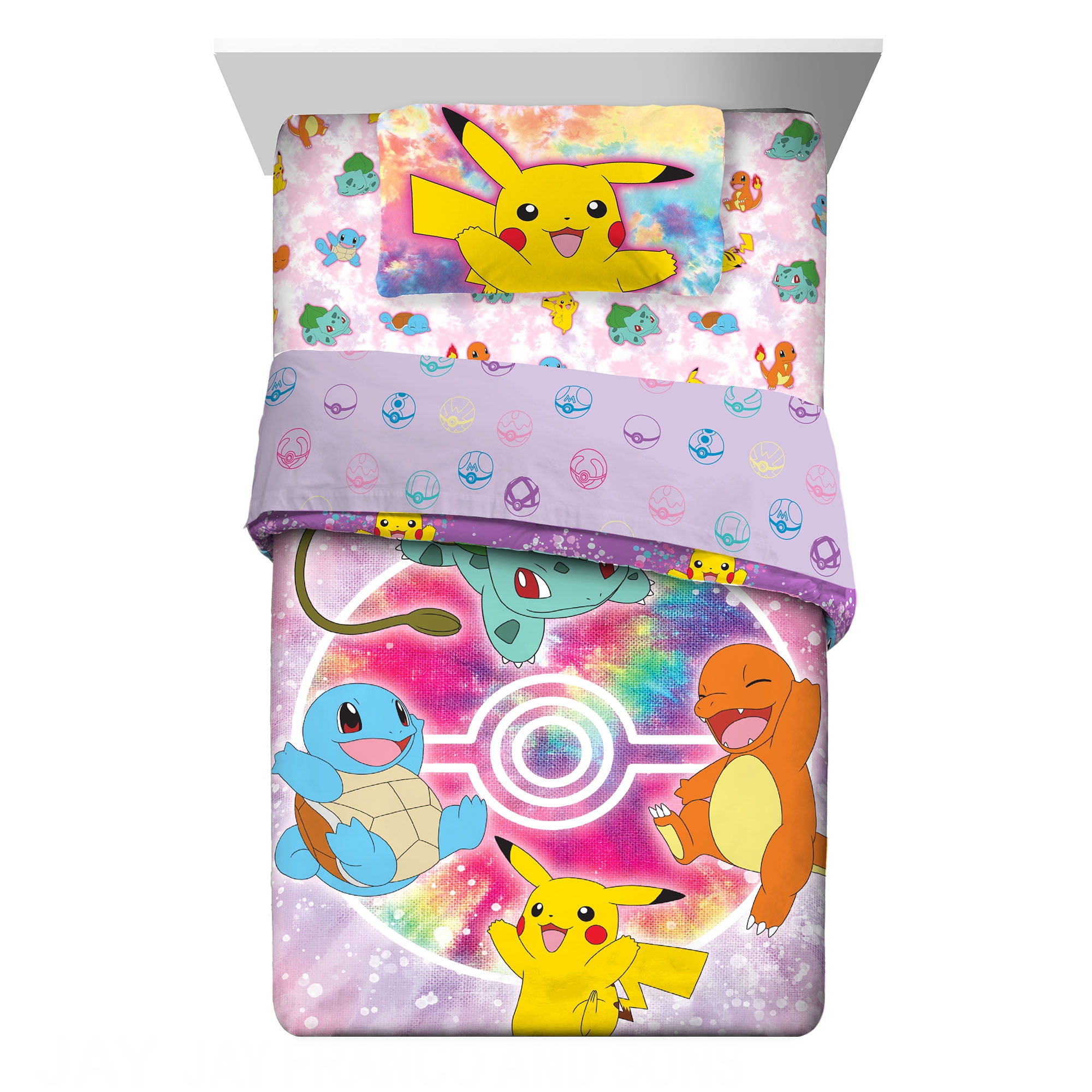Pokémon Kids Full Bed in a Bag, Tie-Dye, Gaming Bedding, Comforter and Sheets, Purple