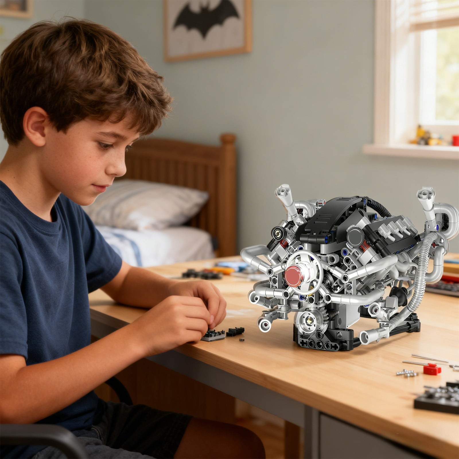 Engine Building Blocks Set, APP Controlled Combustion Model Kit with Rechargeable Motor, Physical Science Experiment Toy for Adults 14+