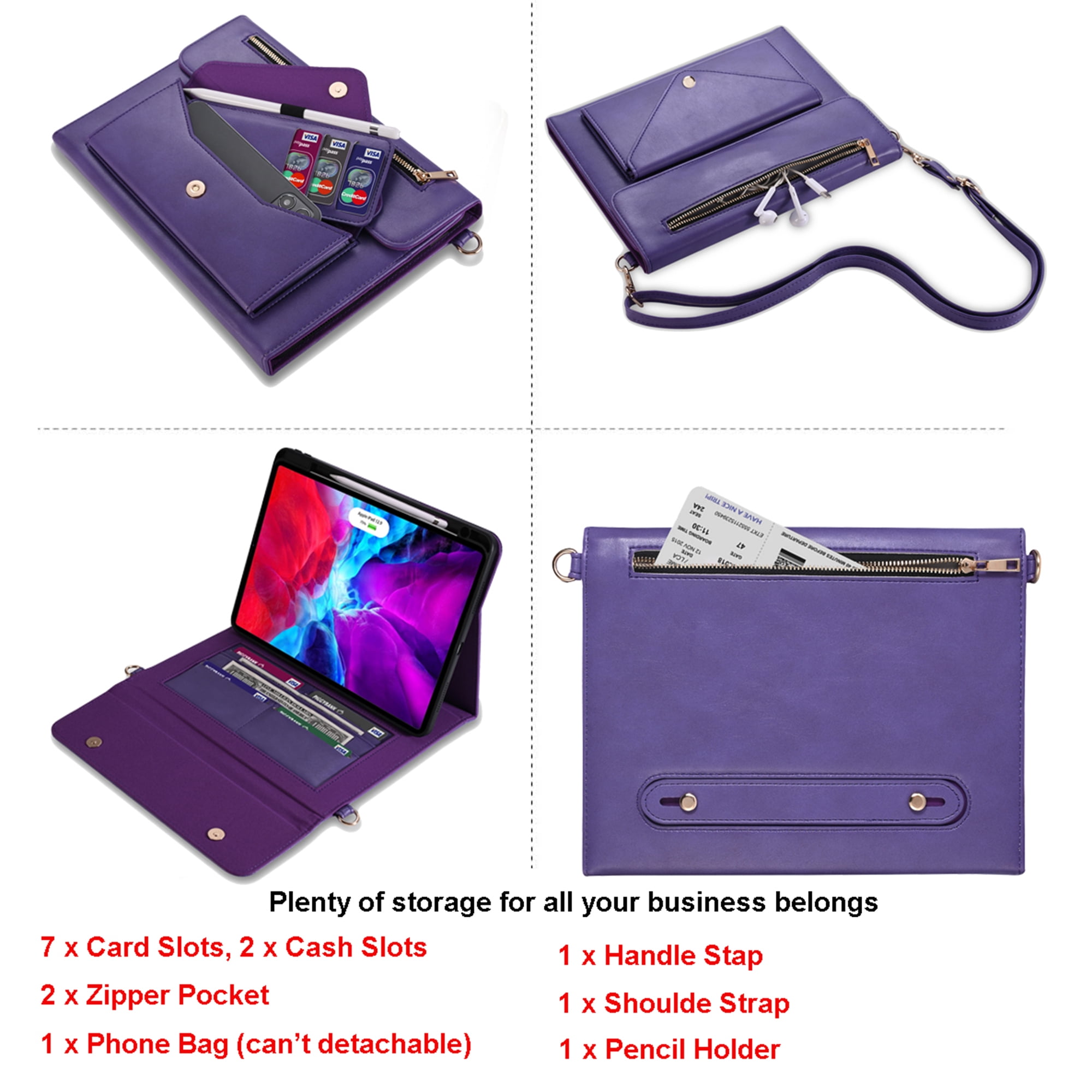 TECH CIRCLE Case for Apple iPad Pro 12.9 inch 6th/5th/4th/3rd Generation,Premium PU Leather Folio Stand Cover with Pencil Holder Zipper Pocket Bag Shoulder Hand Strap Protective Business Case,Purple