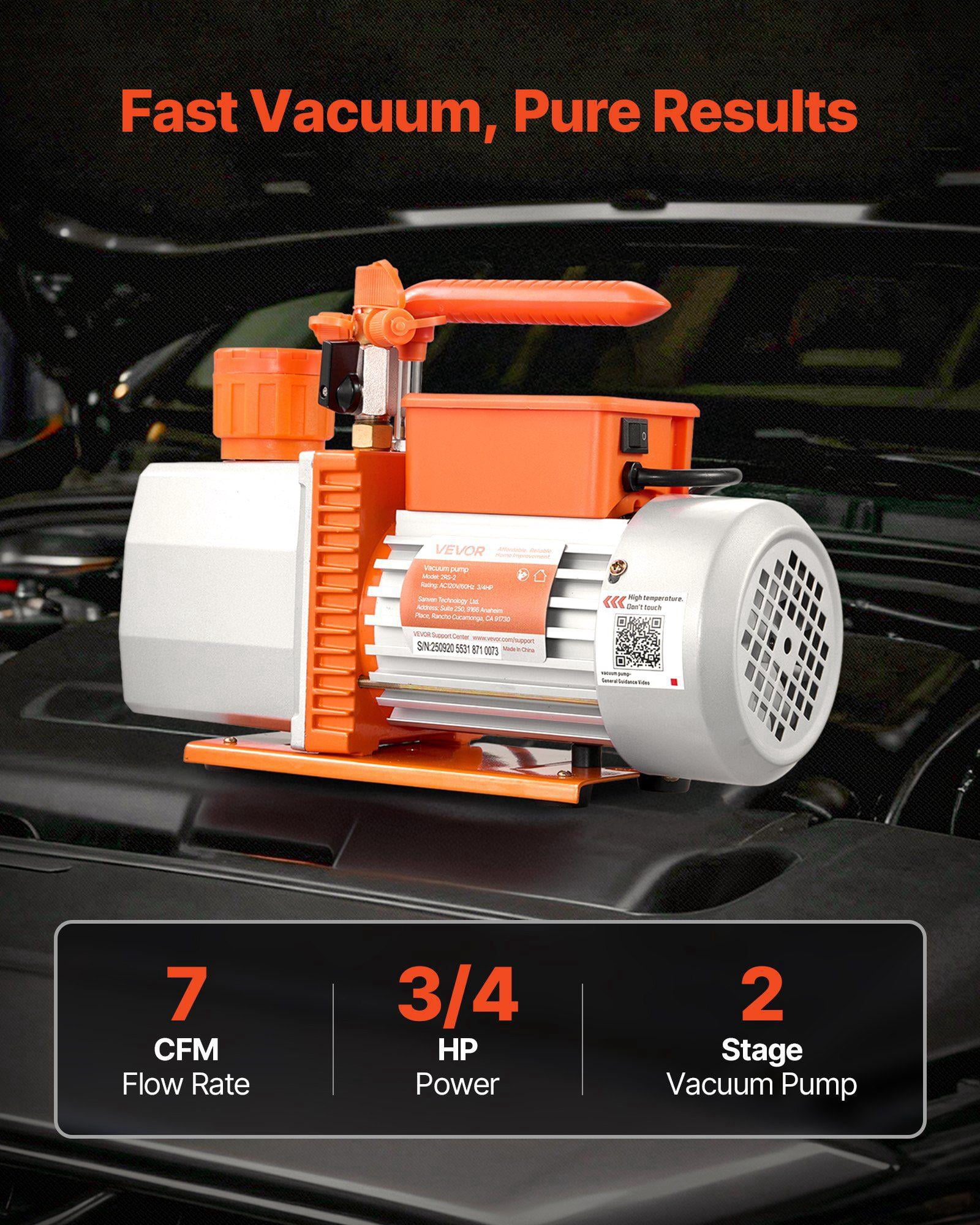 7 CFM 3/4 HP Two Stage Rotary Vane AC Vacuum Pump for HVAC R134a R22 R410a R1234YF R32 Refrigerants 4 Pole Motor Automotive AC Maintenance Degassing Oil Containing Resins