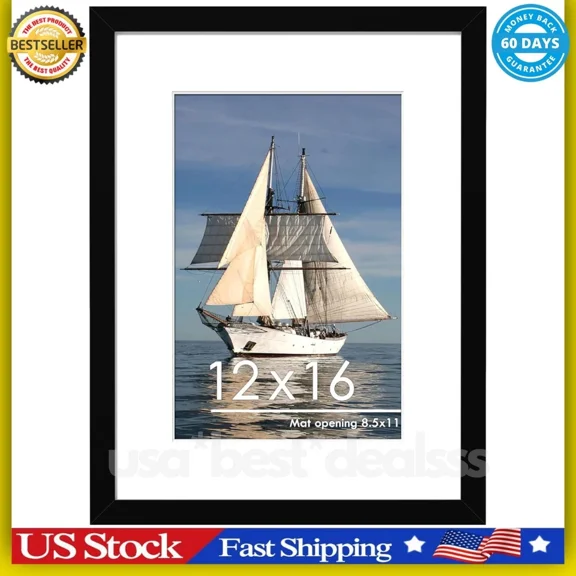 12X16 Picture Frame Black, Display Pictures 8.5X11 With Mat Or 12X16 Without Mat