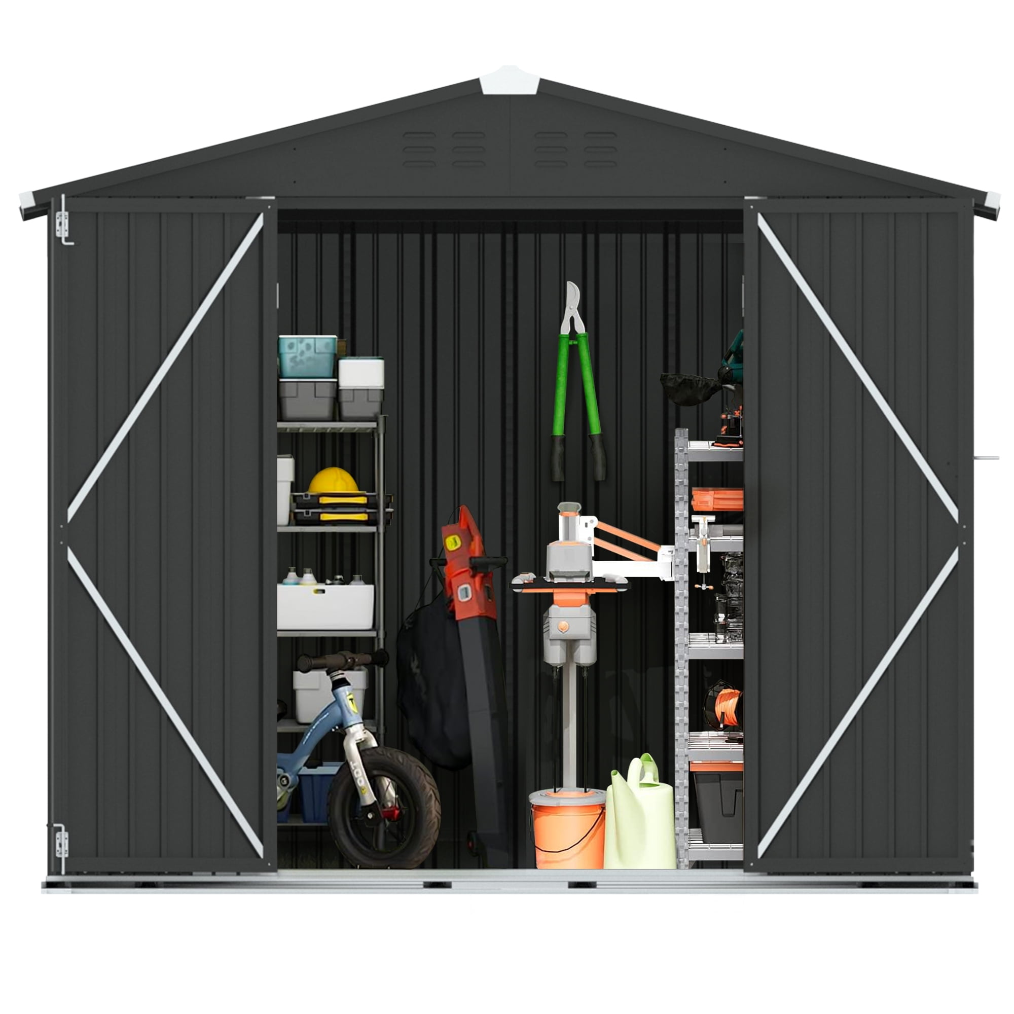 8' x 6' Outdoor Metal Storage Shed, Tools Storage Shed, Galvanized Steel Garden Shed with Adjustable Shelves and Lockable Doors, Outdoor Storage Shed for Backyard, Patio, Lawn, D9182