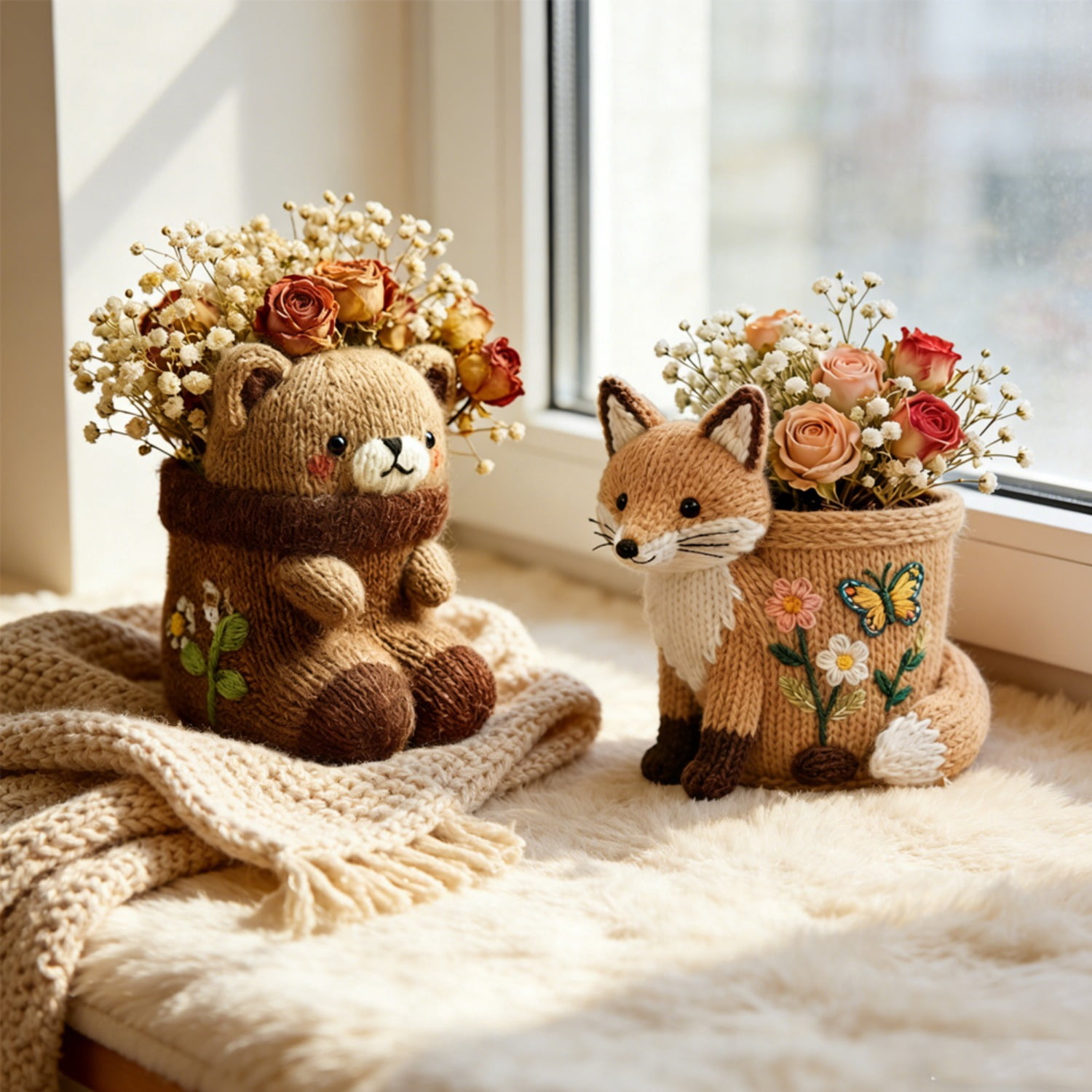 2 Pcs Knitted Fox & Bear Flower Pot Silicone Resin Mold, 3D Cute Animal Shaped Mold for Concrete Cement Plaster Clay, DIY Planter Storage Jar Epoxy Mold for Home Decor Craft