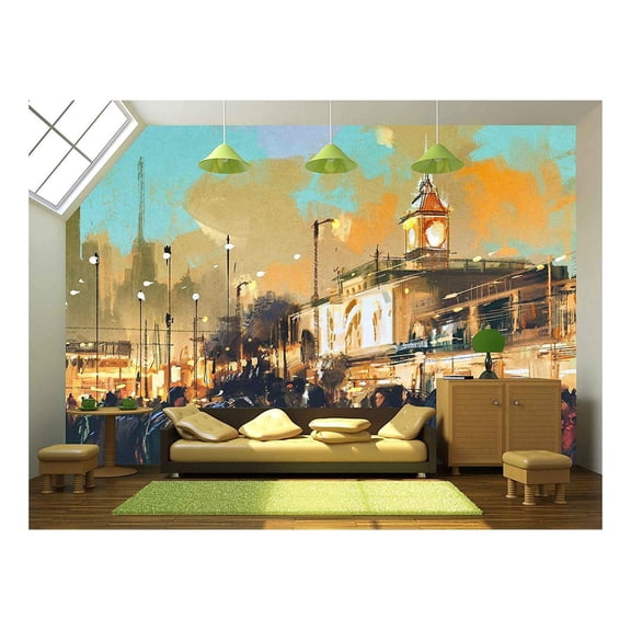 wall26 - Beautiful Painting of People in a City Park at Sunset - Removable Wall Mural | Self-Adhesive Large Wallpaper - 66x96 inches