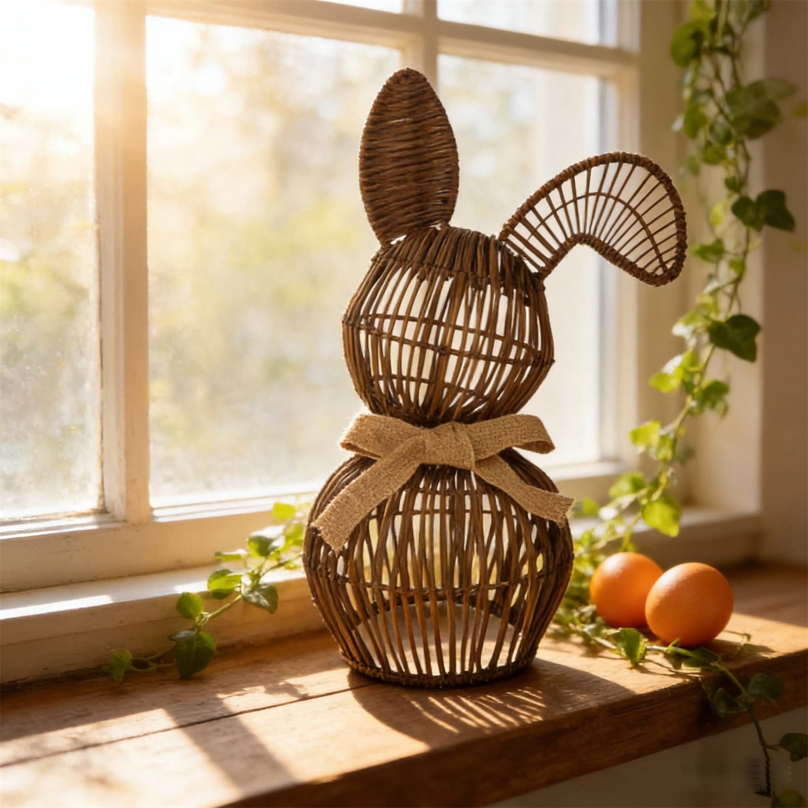 Easter Decorations Handmade Wooden Bunny, Natural Rattan Hand-Woven Easter Basket for Egg Hunt, Rustic Spring Table Centerpiece for Home, 1 Count