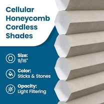 BlindsAvenue Cellular Honeycomb Cordless Shade, 9/16" Single Cell, Light Filtering, Sticks & Stones, Size: 26.5" W x 48" H