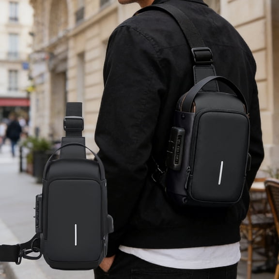 Crossbody Bag Anti-Theft Sling Bag with Combination Lock, 9.5"X5.5" Leather Chest Shoulder Bag for Men, Waterproof Portable Everyday Use Bag with Hidden Pocket Adjustable Strap, Phone Charging Port
