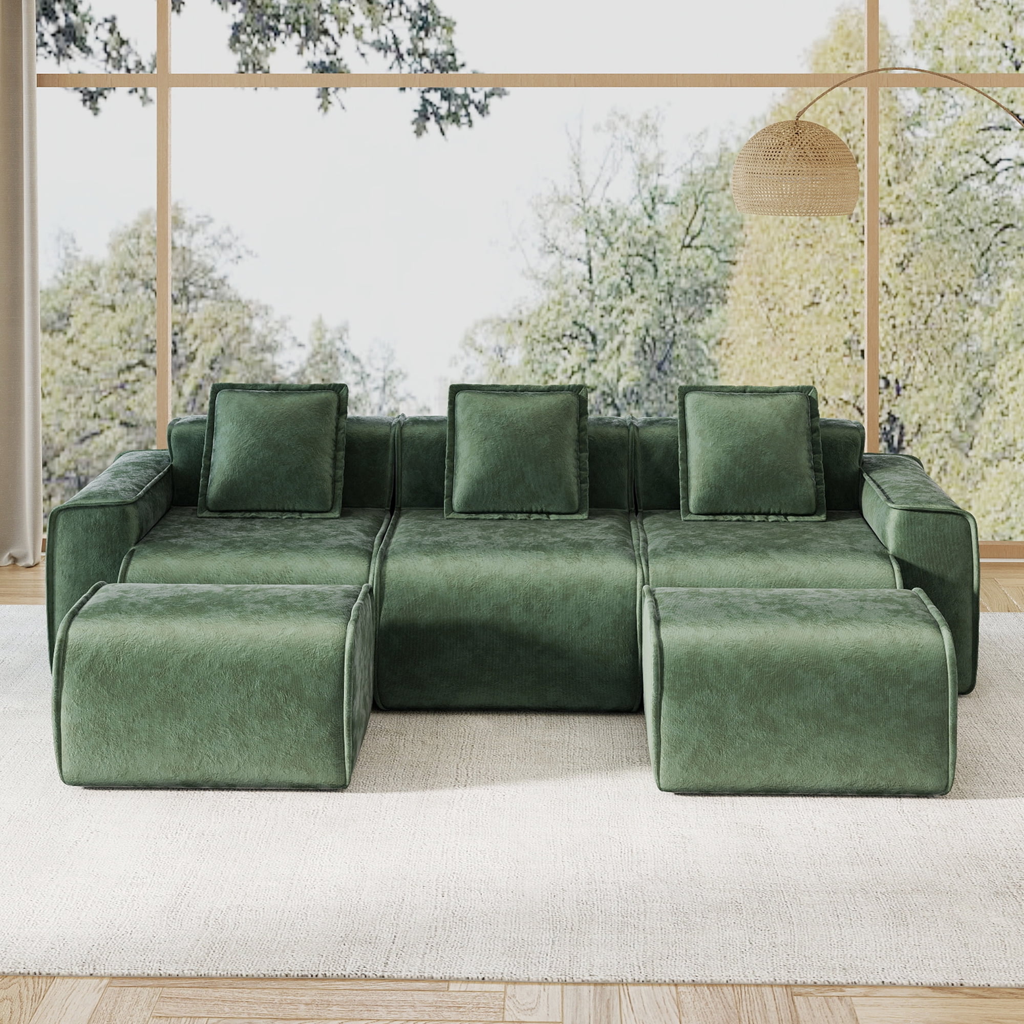 109" 3-Seat Modular U-Shaped Sectional Sofa, Green Velvet with 2 Movable Ottomans & Throw Pillows, No Assembly Required