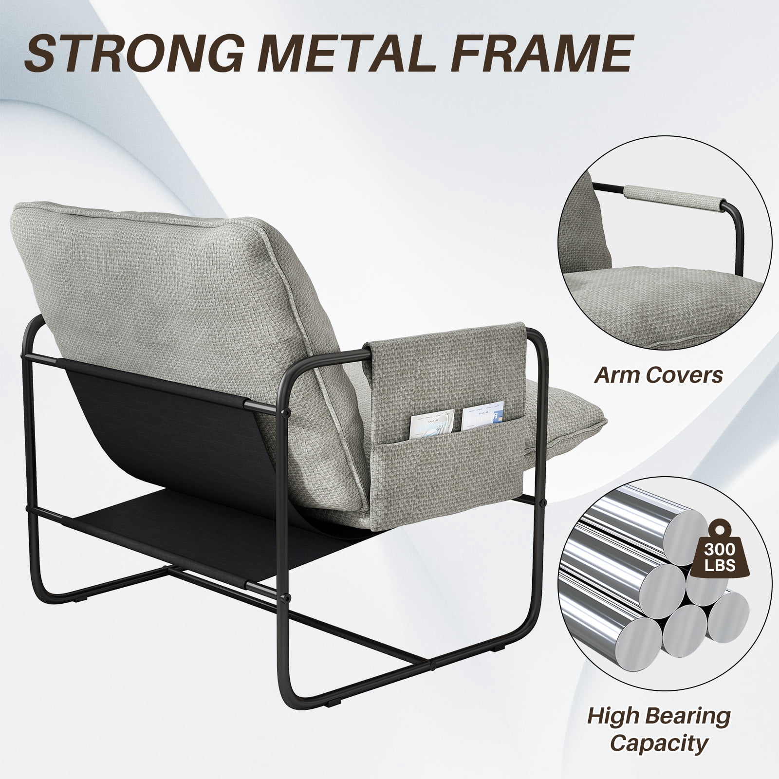 HomeZeer Metal Framed Sling Accent Chair, Living Room Accent Arm Chair with Removable Storage Bag, Linen Fabric Upholstered Leisure Chair for Reading Room, Beige