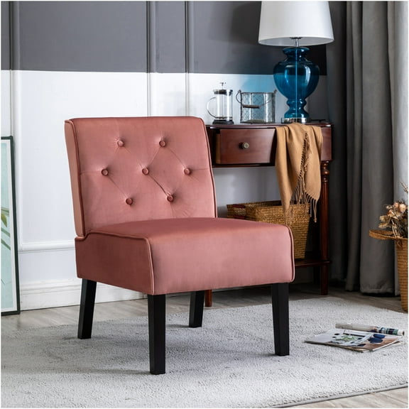 JERFIT Velvet Accent Chair Set of 2, Armless Button Tufted Lounge Chairs with Curved Back and Wooden Legs for Living Room, Bedroom, Office, Rose Pink