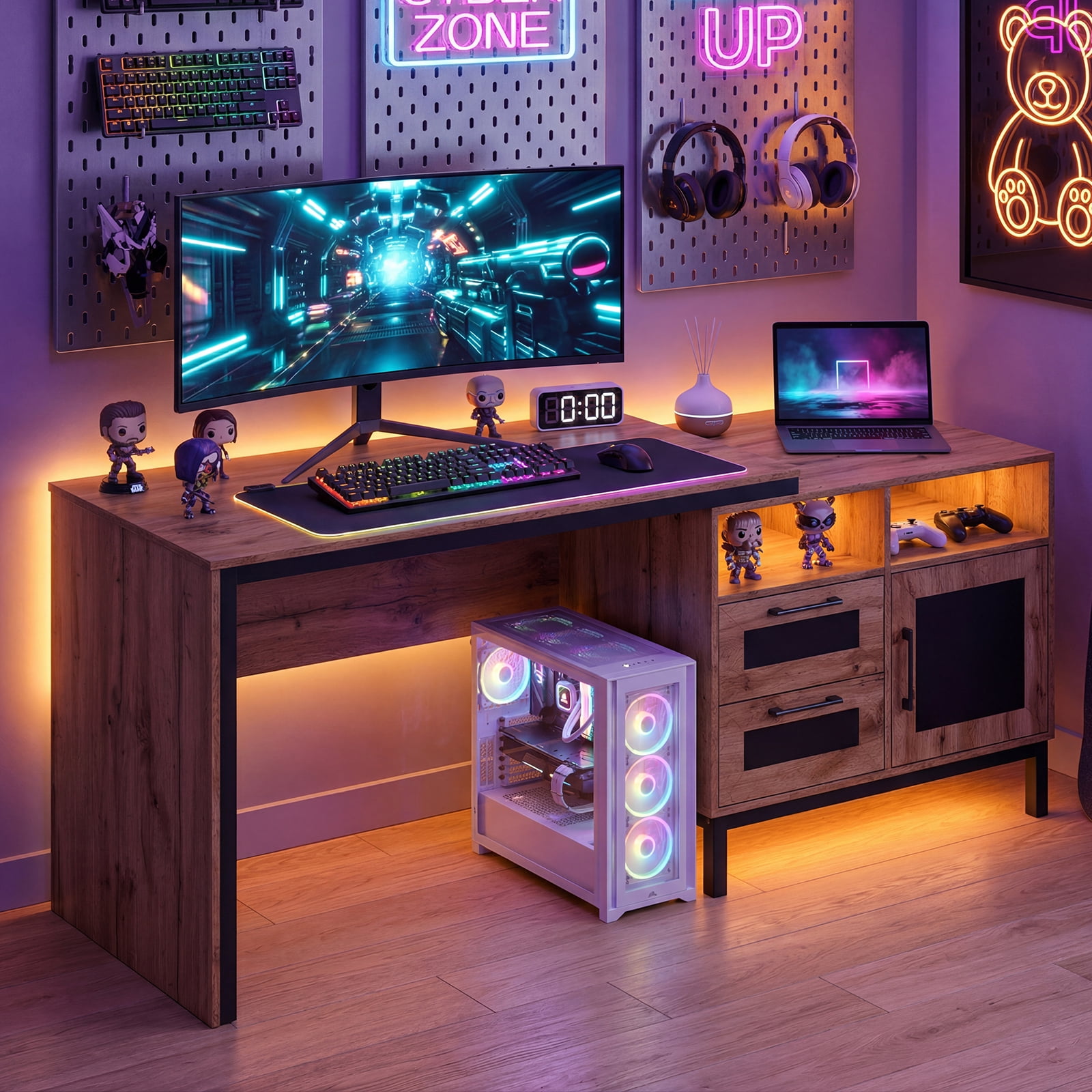 Costway 71” Executive Desk with Open Compartments, Storage Drawers & Single-Door Cabinet Natural