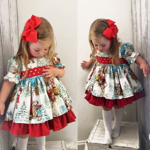 Christmas Dress Toddler Girl Kid Santa Claus Puff Sleeve Red Bows Party