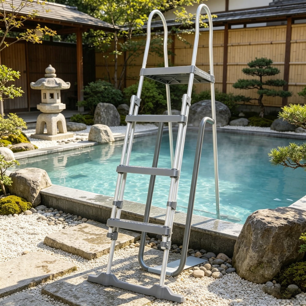 Gray Above-Ground Pool Ladder for Pools Up to 48" Deep, 4-Step Stair with Flip-Up Entrance, Safety Handrails & Textured Steps, 330 lbs Capacity