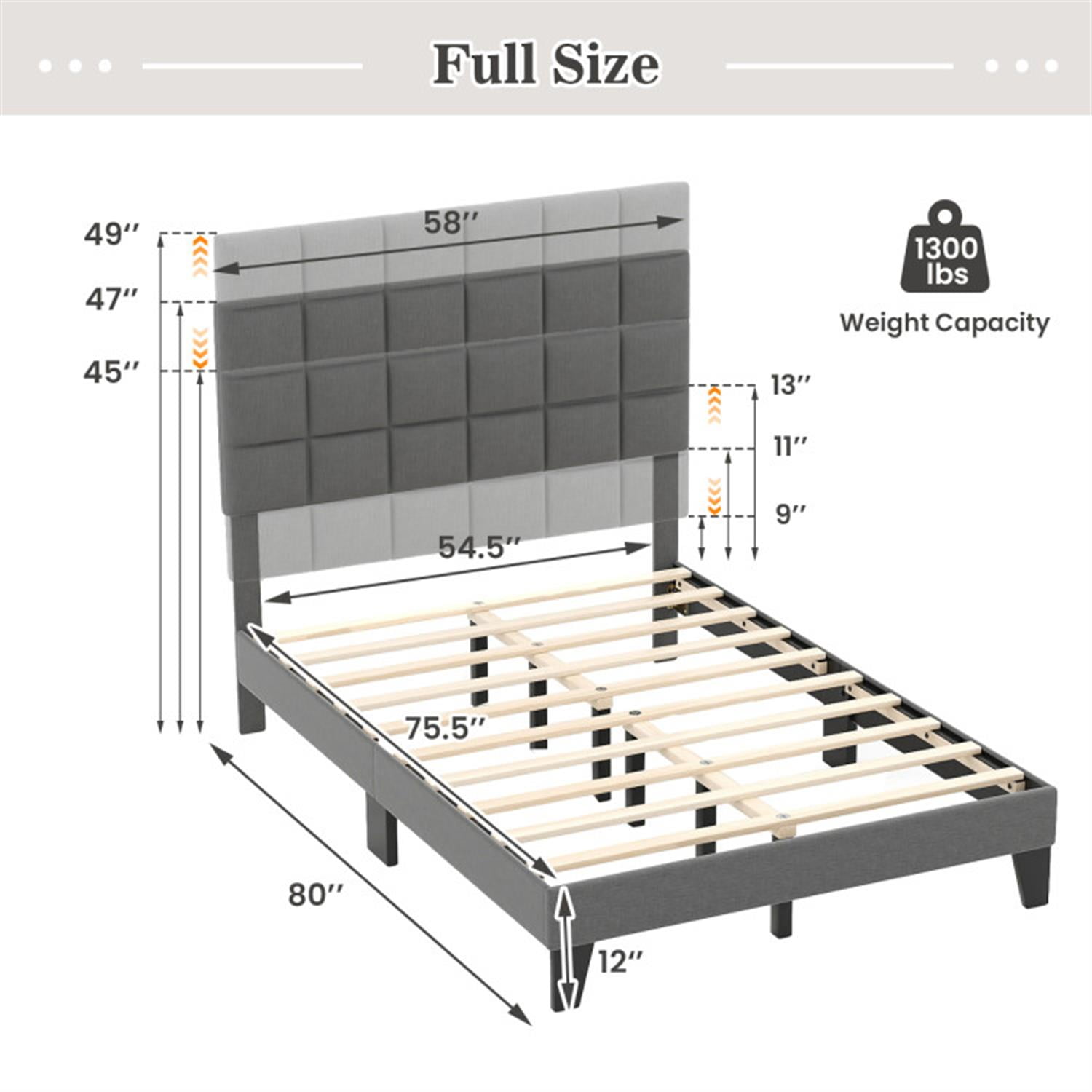 Demi Bonn Full Size Bed Frame with Adjustable Headboard, Modern Linen Platform Bed Frame with 10 Strong Wood Slat Support, No Box Spring Needed, Gray