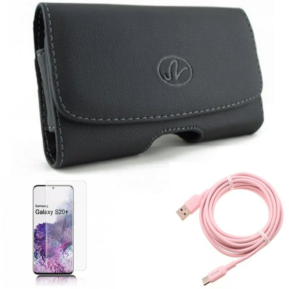 Screen Protector w 10ft Long USB-C Cable w Case Belt Clip for Samsung Galaxy S20 Plus - Tempered Glass [Fingerprint Unlock] 3D Curved Edge, Pink Charger Cord Power Wire, Leather fits Galaxy S20 Plus