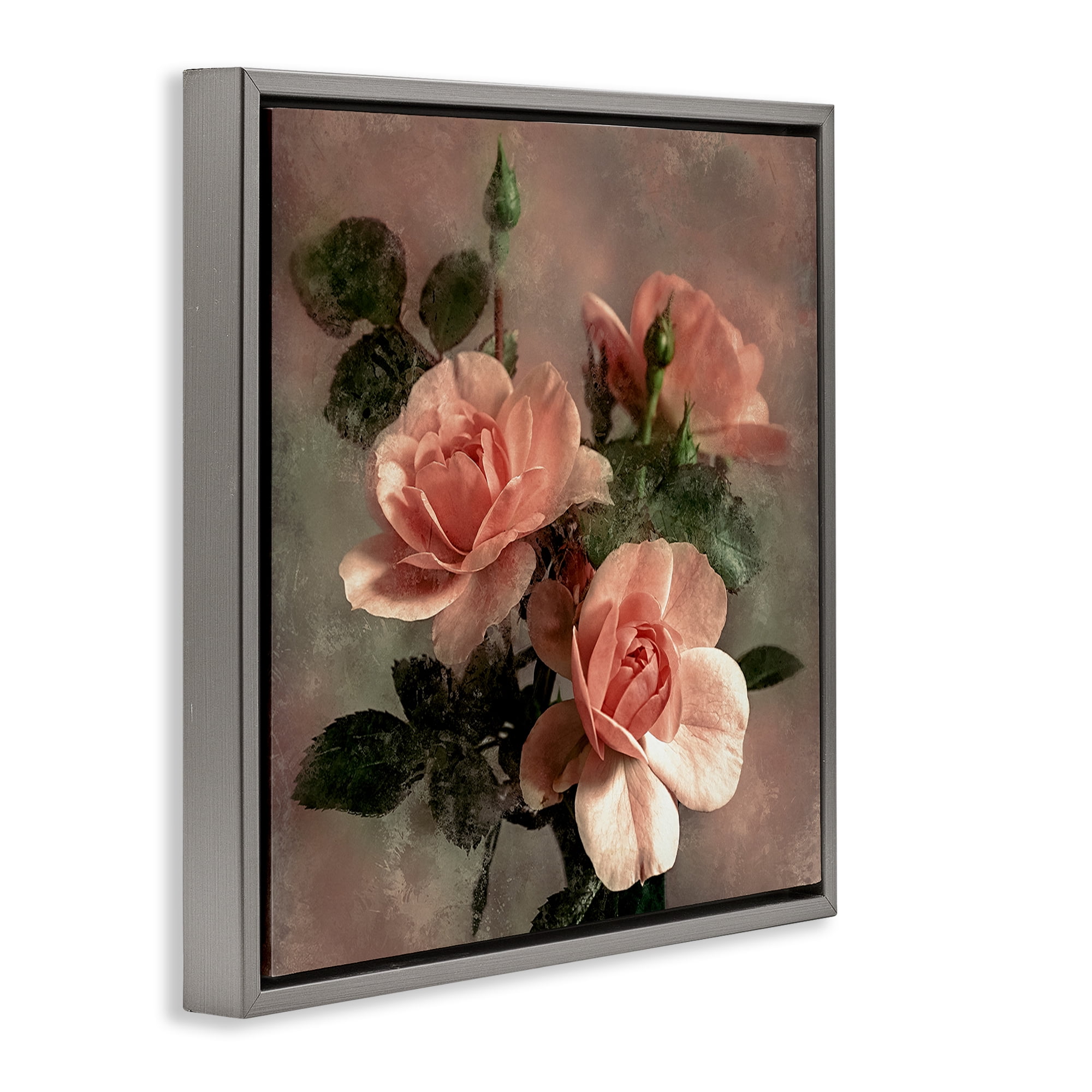 Stupell Industries Vintage Blush Petals Plants & Flowers Painting Gray Floater Framed Canvas Art Print Wall Art, 25 x 25
