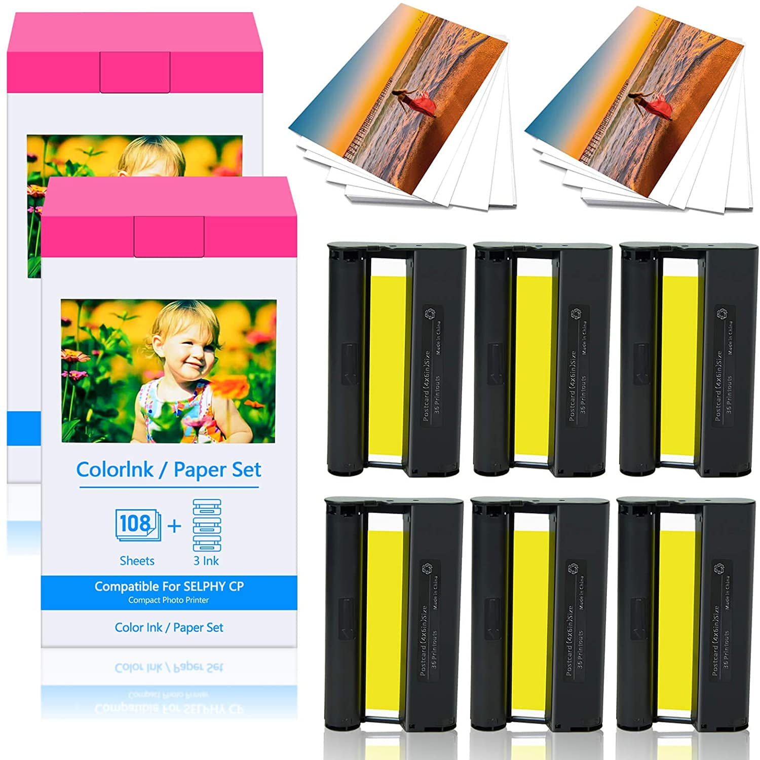 GREENCYCLE 2 Pack Compatible for Canon KP-108IN Ink Paper Set 3 Color Ink  and 108 Sheets 4 x 6 Paper Glossy For SELPHY CP1300 CP1200 CP910 CP900  CP760 