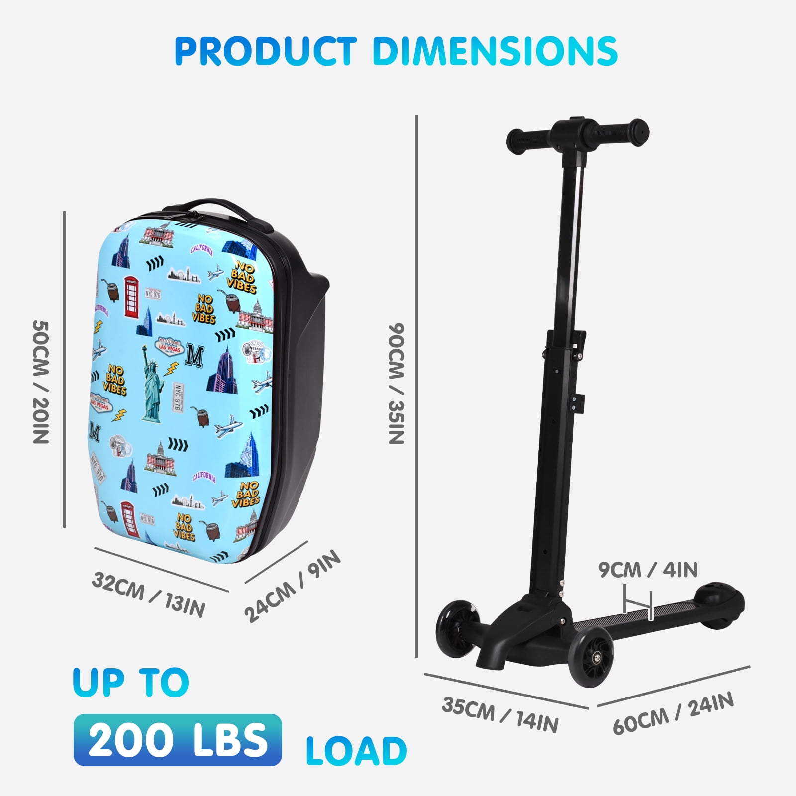 Advwin Kids Scooter Luggage with LED Wheels, 4-in-1 Detachable Foldable Ride-On Suitcase, Travel Landmark Design Hardside Carry-On Travel Luggage, Convertible Backpack, Blue