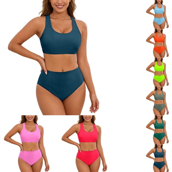 Women's High Waisted Bikini Sets with Push Up Top - 2 Piece Tummy Control Swimsuits Spaghetti Strap Bathing Suits, Solid Color Beach Wear(Dark Green,L)