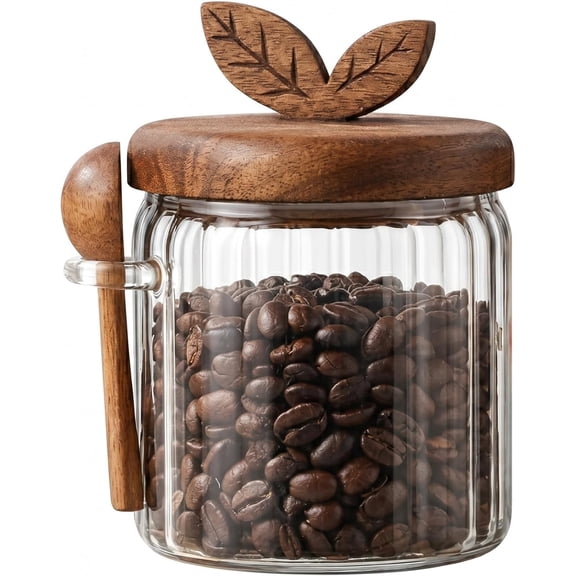 XIMEI Glass Coffee Canister with Wooden Lid & Spoon, Airtight Food Storage Jar for Coffee/Sugar/Salt/Tea/Snacks, 17 fl oz