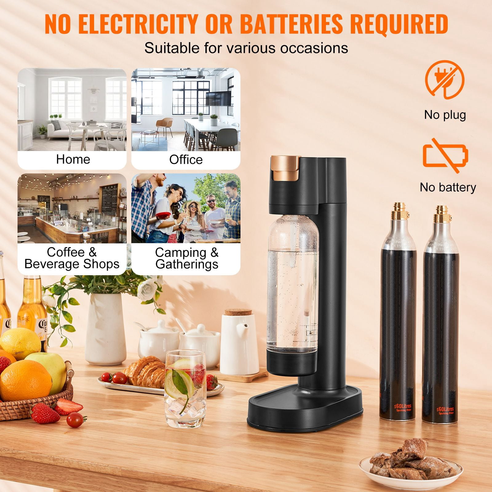 Sparkling Water Maker with 2 x 60L CO2 Cylinders, 1L PET Bottle, 3-Second Carbonation, Automatic Pressure Release for Home Soda Drinks