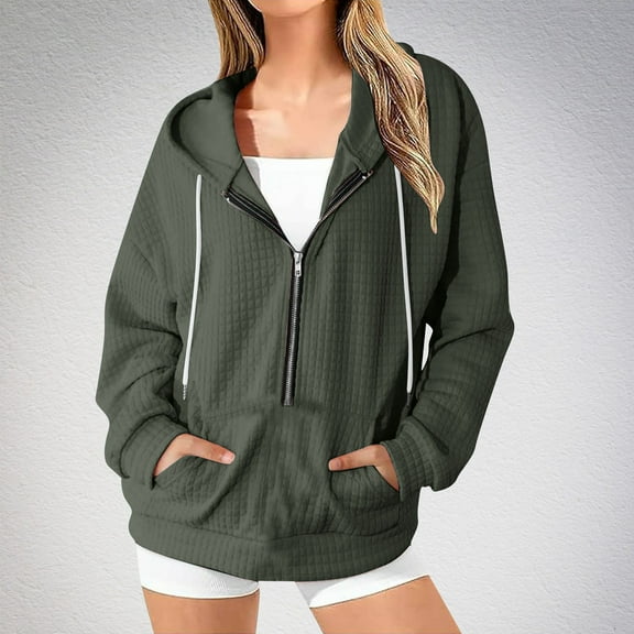 Qulqfy Women Army Green Hoodies Half Zipper Workout Fall 2025 Embossed Cute Sweatshirts Womens Party Tops L