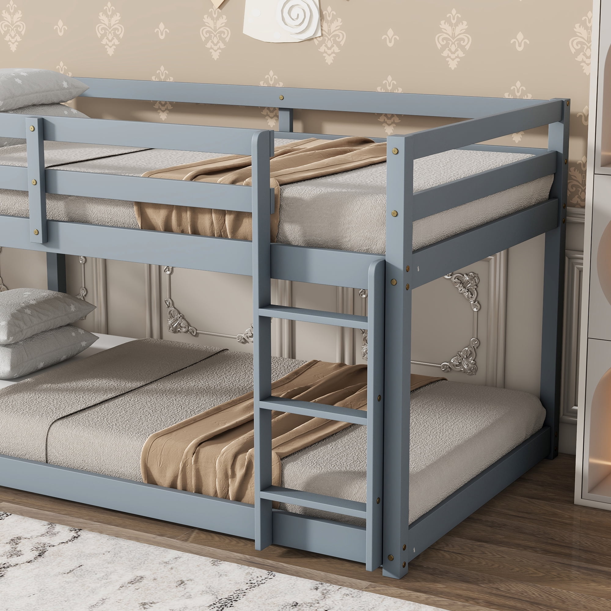 Sailvan Floor Bunk Bed Twin Over Twin, Solid Wooden/Solid Rubber, Upper Bed Platforms crafted with Strengthened Slats
