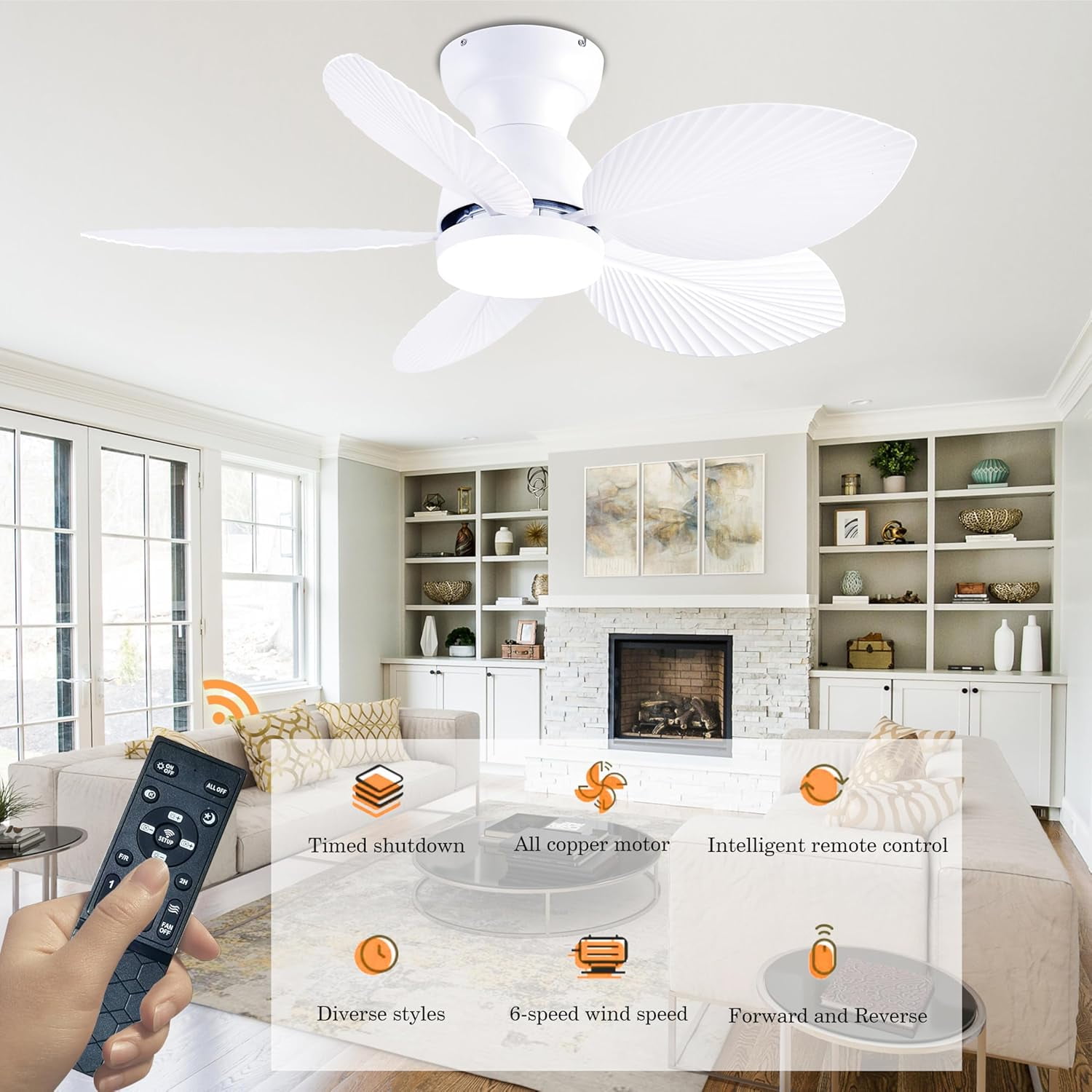 Tropical Ceiling Fans with Light, 38-inch Flush Mount Palm Leaf Ceiling Fans for Bedrooms, Indoors and Outdoors, Remote Control/APP Control, 6-Speed, Dimmable, Reversible, White.