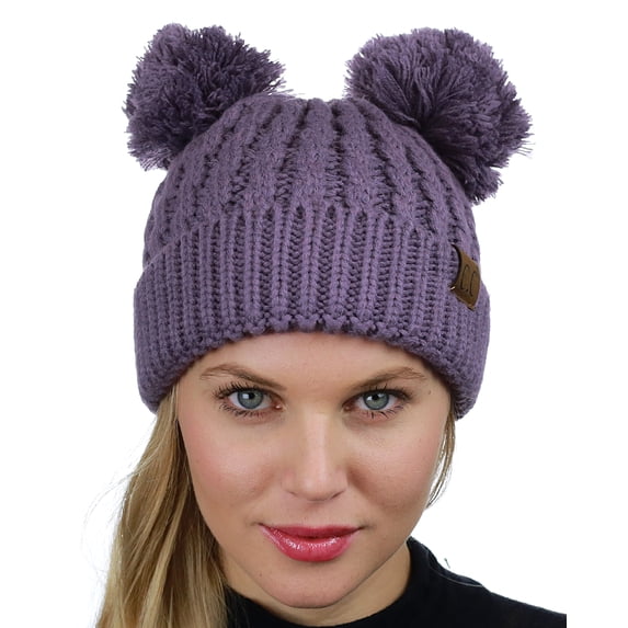C.C 2 Ear Pom Pom Cable Knit Soft Stretch Cuff Skully Beanie Hat, Violet