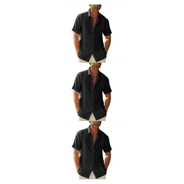 pitrice Men Shirt Casual Short Sleeve Breathable Replacement Button Down Solid Color Fashionable Home Dating Shirts Top Black M 3Set