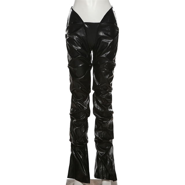 Pantalones casuales rectos de cintura baja sexys de cuero sintético plisado de moda para mujer de estilo europeo y americano de otoño