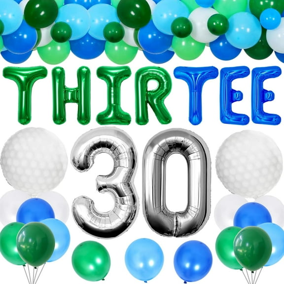 30th Birthday Party Decoration Set - Golf-style Green, Blue and Silver Foil Balloons for a Fresh and Energetic Setup