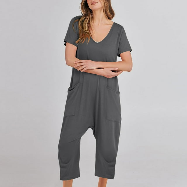 Combinaisons pour Femmes, Mode Femmes Combinaison Décontractée à Manches Courtes Combinaisons Unies Pantalon à Jambes Larges avec Poches