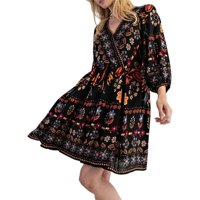 Vestido Corto Estampado de Larga con Cuello en V para Mujer, Estilo Bohemio Informal y Holgado, Ideal para la Playa. Negro M