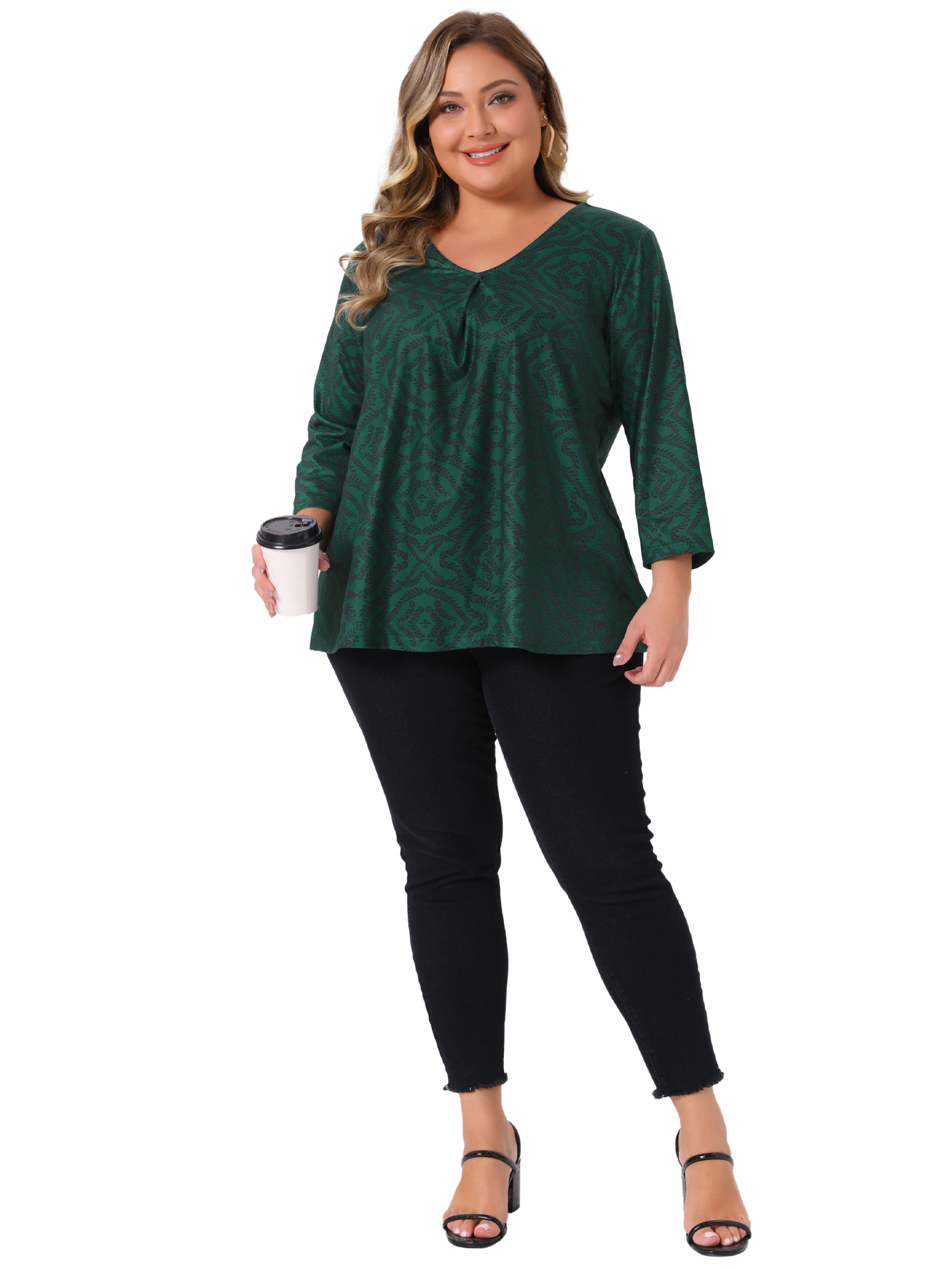 DARING DIVA Women's Plus V Neck 3/4 Sleeve Botanical Print Blouse Tunic Top 1X Dark Green