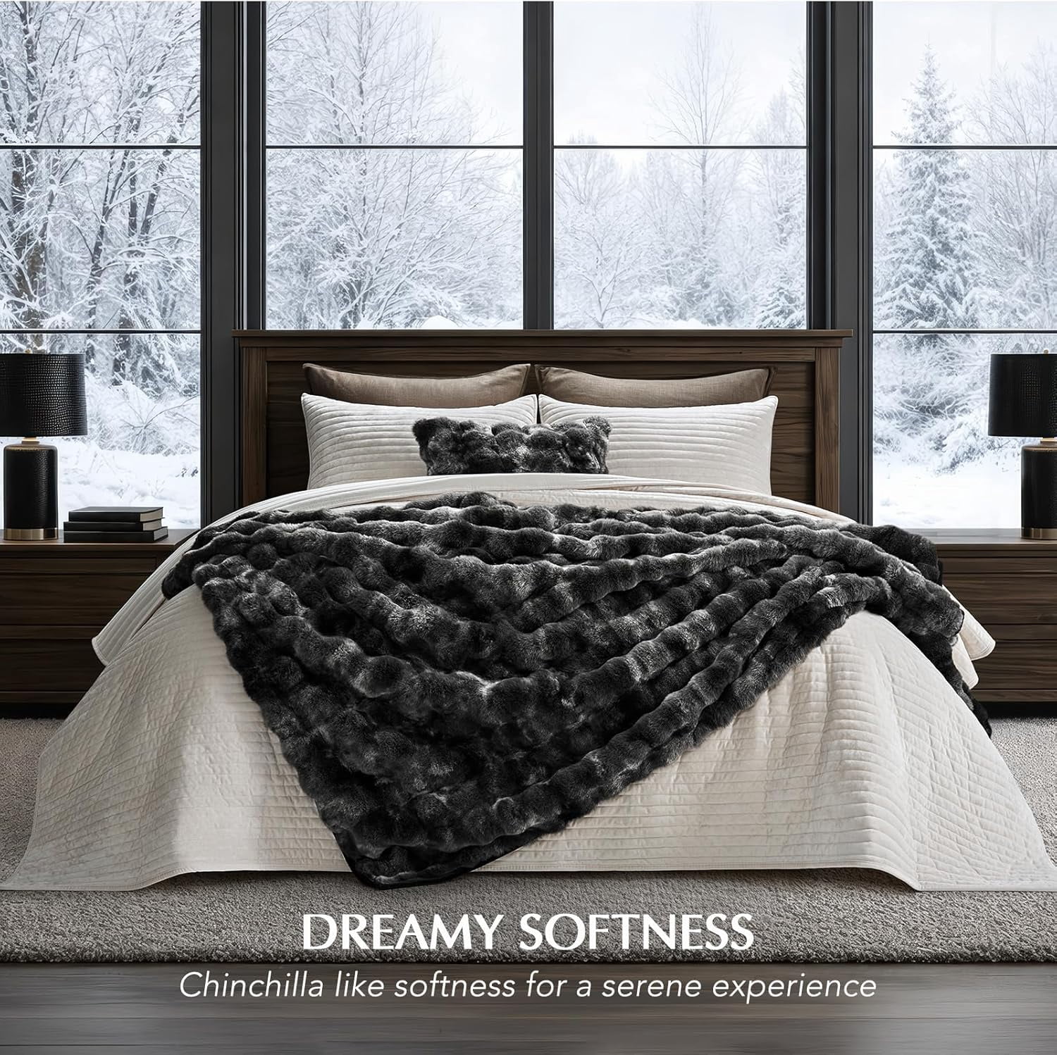 EverGrace Ultra Soft Luxury Fluffy Faux Rabbit Fur Throw Blanket, Thick Warm Bubble Throw for Bed, Cozy Plush Reversible Blankets for Couch, Chair, Sofa, Marble Black, 50x60 Inches