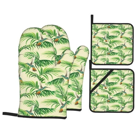 

Oven Mitts and Pot Holders 4 Piece Hummingbird Palm Leaf Green High Heat Slip Resistant Oven Mitt and Trivets Set Kitchen Oven Glove Pot Holders for Cooking Baking Grilling
