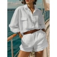 thumbnail image 3 of Womens Solid Color 2 Piece Outfits Long Sleeve Lapel Button Loose Fit Top Mini Shorts Summer Set White XL, 3 of 5