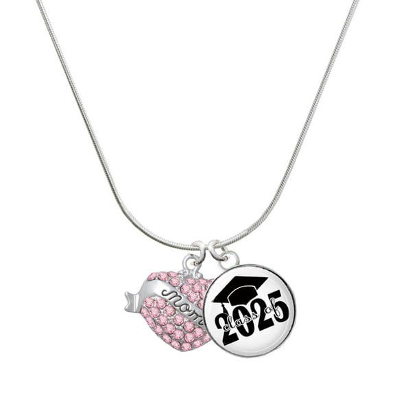 Delight Jewelry Silver-tone Mom Banner on Pink Crystal Heart - Script Class of 2025 Dome Charm Necklace, 18"