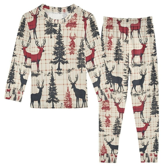 FORMRS Long Sleeve Top and Pants Pajama Set for Niños 2-Piece Sleepwear, Sizes 18M-8Y, Red Deer