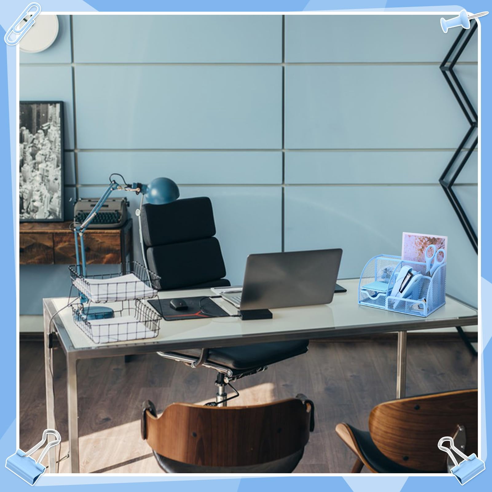 11 In 1 Blue Desk Organizer And Accessories  Light Office Supplies Include Stapler Tape Dispenser Pen Holder Staple Remover Clips Ruler Tapes Tabs