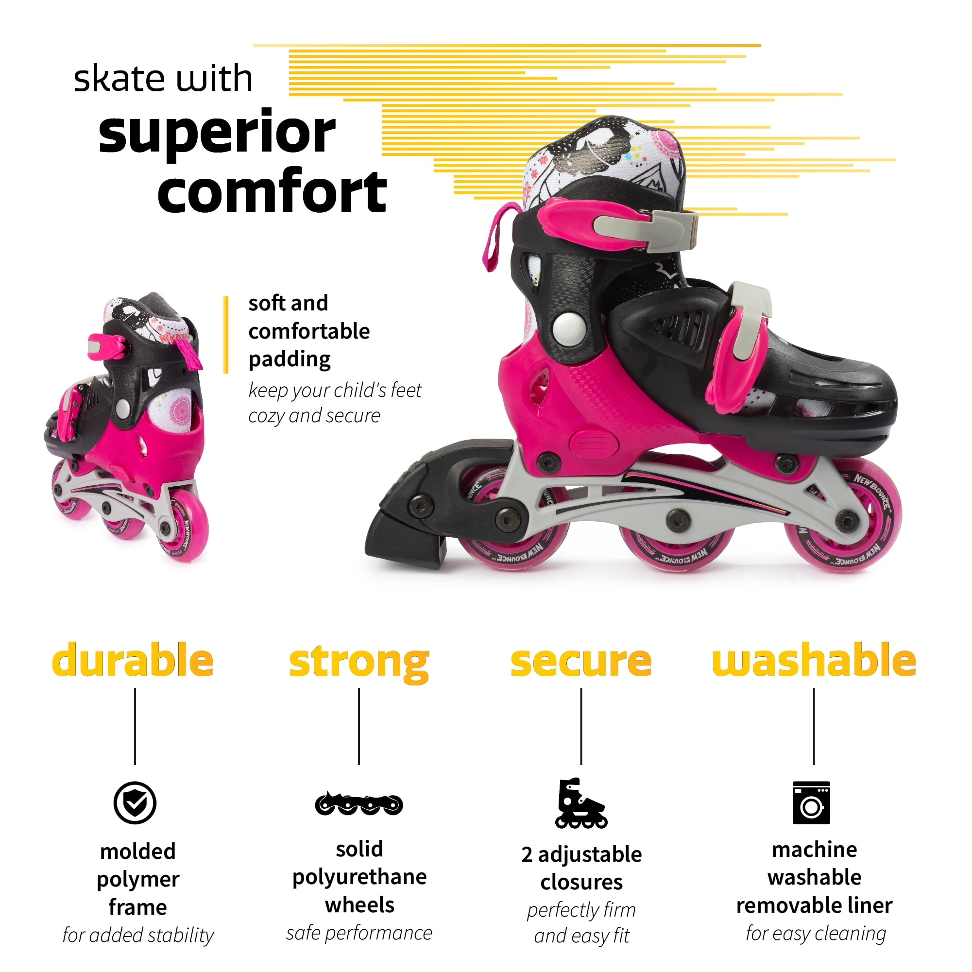 New Bounce Roller Blades for Little Kids, EU 28-31 US 8-11, 2-in-1 Inline Skates Converts from Tri-Wheel to Inline, Beginners Rollerskates Pink