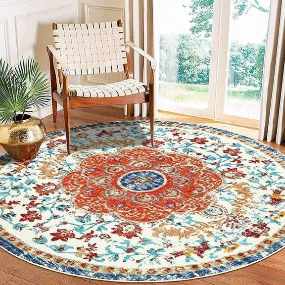 Findosom 5.25' Modern Floral Round Rug Bohemian Area Rug Non Slip Boho Round Rug for Dining Room Table Washable Round Bedroom Carpet for Entryway Living Room Office Game Room Gray