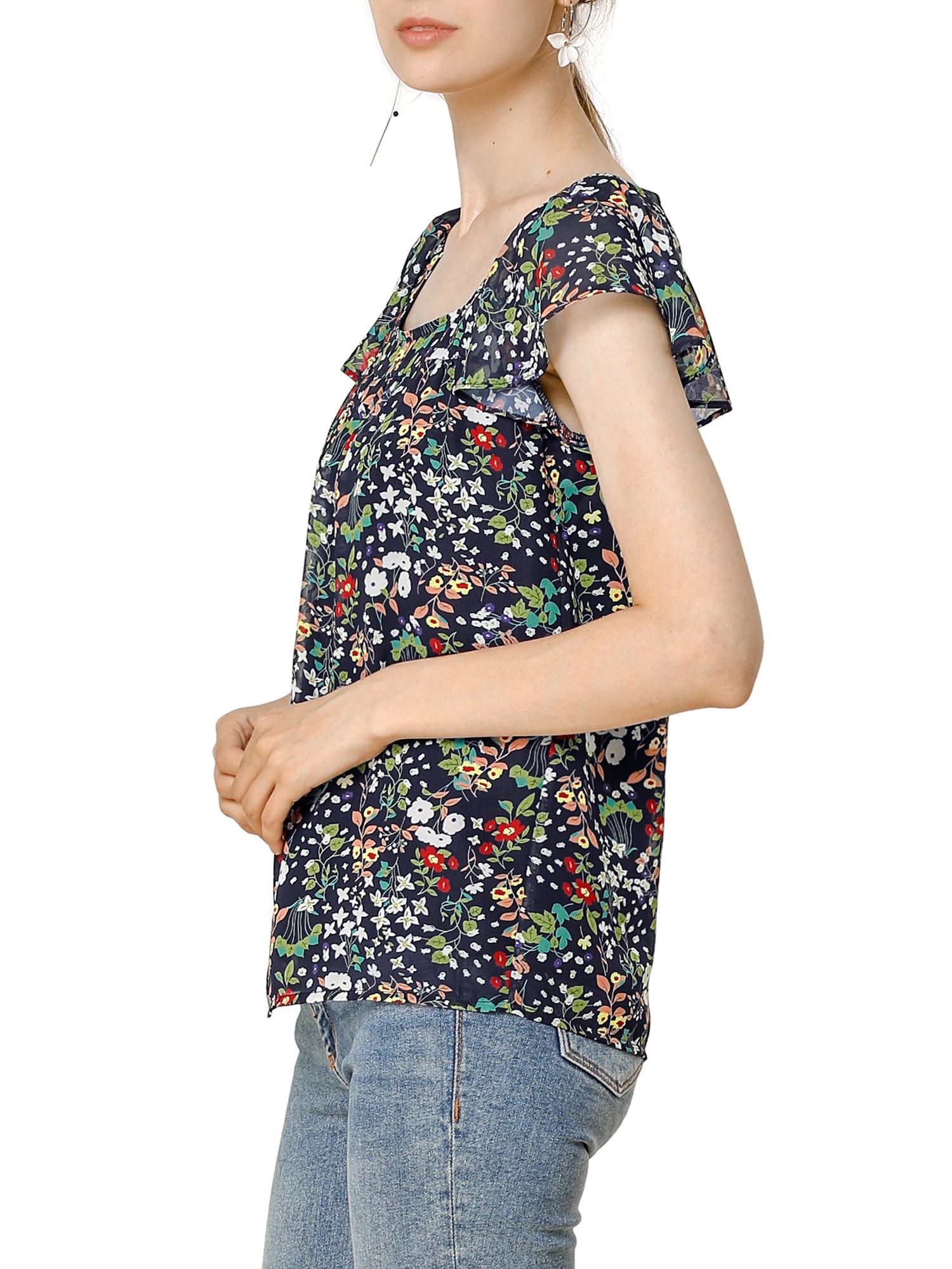 DARING DIVA Women's Floral Ruffle Sleeve Chiffon Blouse Top XS Navy Blue