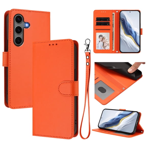 ELEHOLD For Samsung Galaxy S25 Flip PU Leather Wallet Case with Credit Card Slot RFID Blocking Kickstand Shock-Absorbent TPU Magnetic Protective Cover With Lanyard,Orange