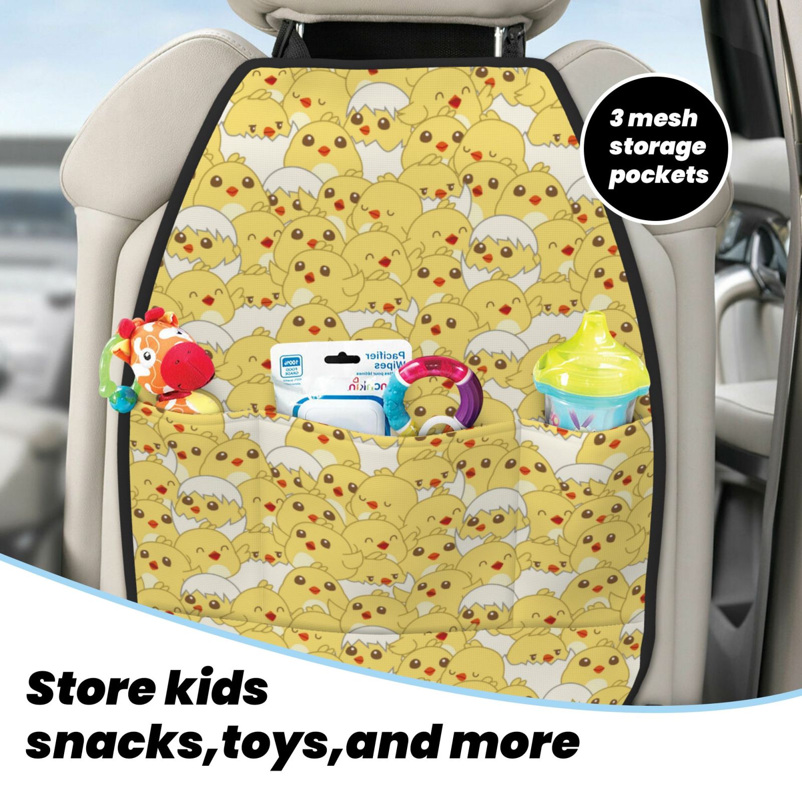 Xecao Baby Chicks Pattern Car Seat Back Protector 2 Pack Large Capacity Pocket, Kick Mats Back Seat Protector