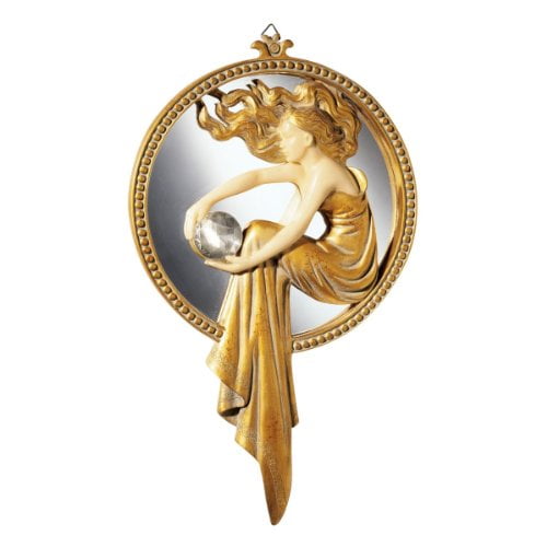 Design Toscano Lady of The Lake Art Deco Wall Mirror Sculpture, 29 cm, Polyresin, Gold and Ivory
