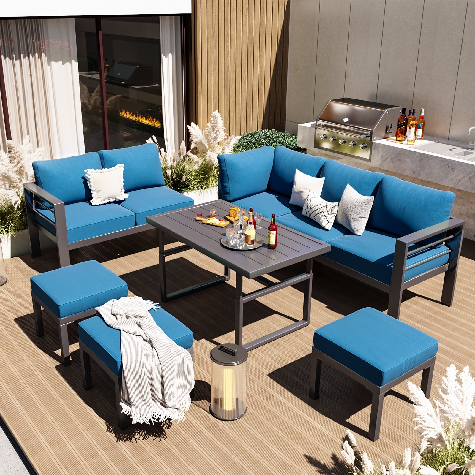 AECOJOY Outdoor Furniture Sets Clearance, Aluminum Patio Furniture Sets on sale, Metal Patio Sets, Outdoor Conversation Sets, Outdoor Sectional Sofa for Lawn, Navy