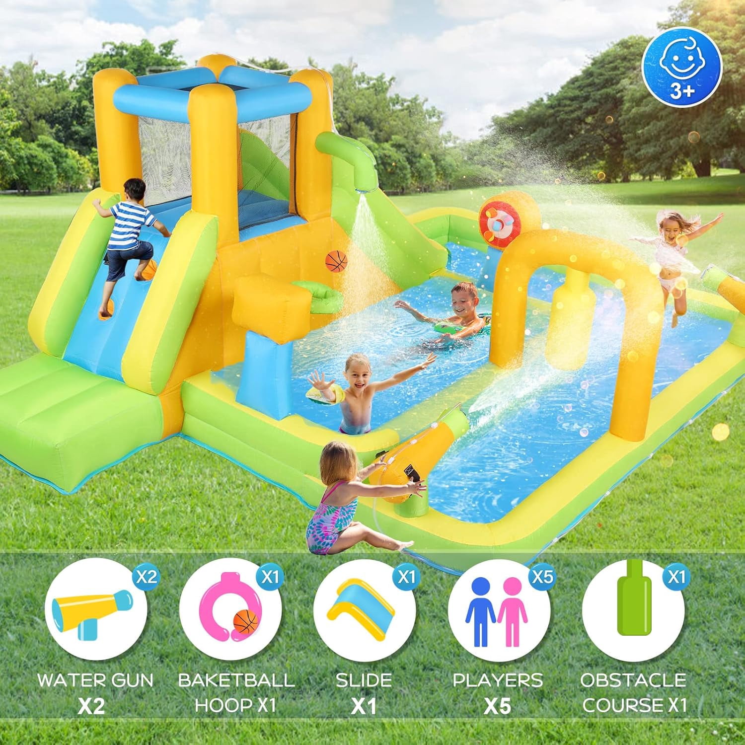 Ktaxon 10-in-1 Inflatable Water Slide Bounce House with Blower, 177" x 118" x 71", Deep Pool Water Park w/ Target Game & Basketball Hoop for Kids Backyard,
